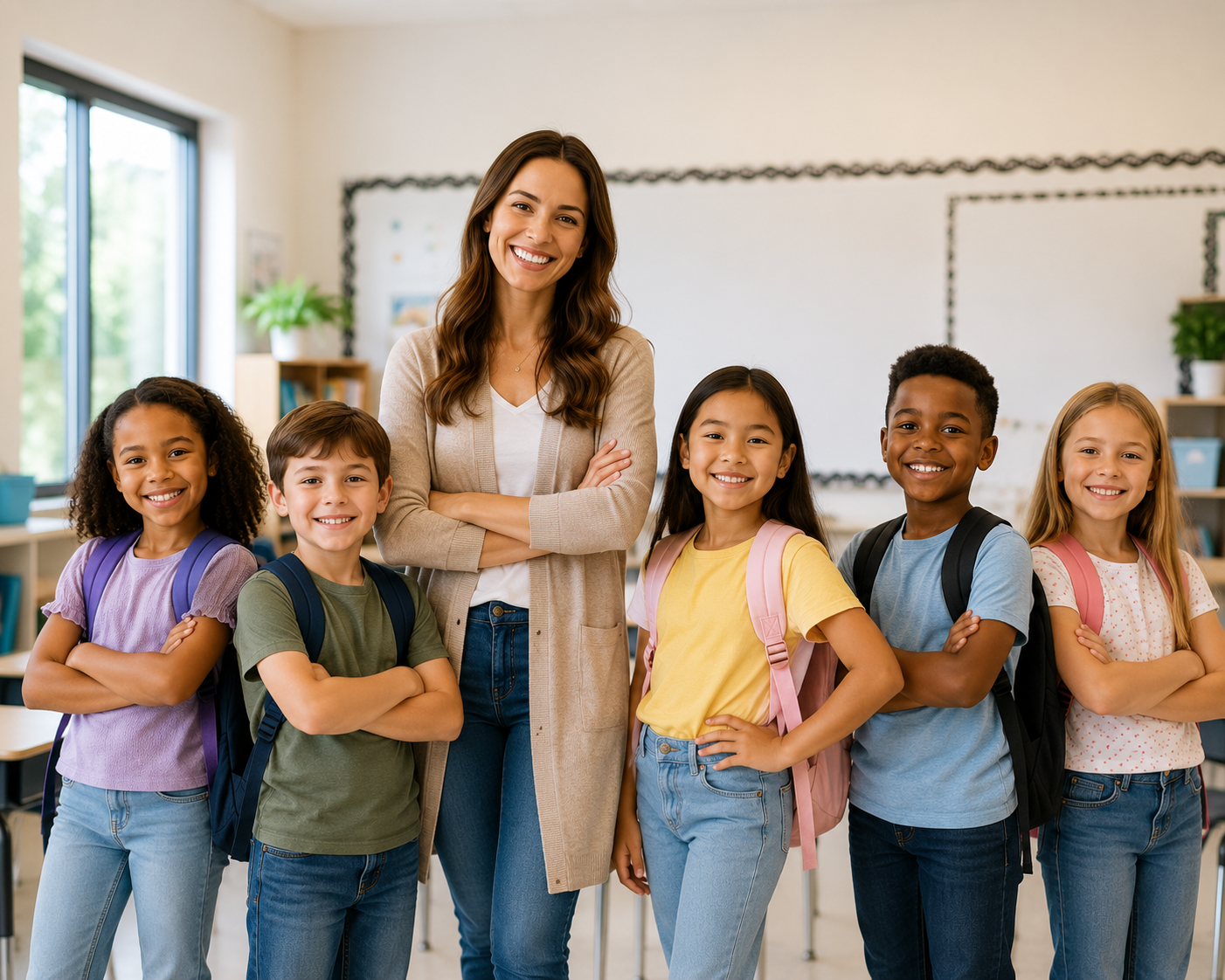 Ms. Cote with a diverse group of elementary students in a bright classroom, smiling with confidence